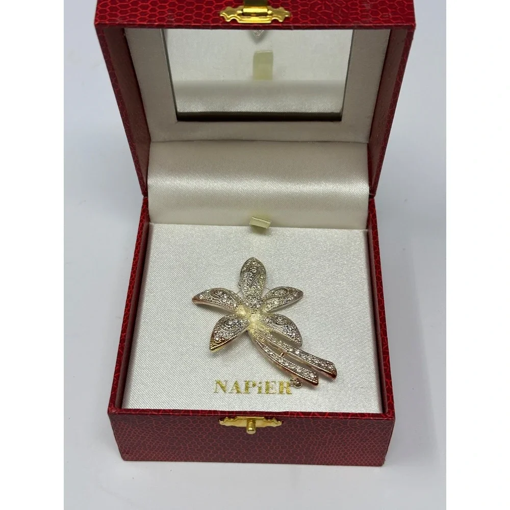 Vintage Napier Silver Flower Brooch Rhinestone Floral Pin In Original Case S8